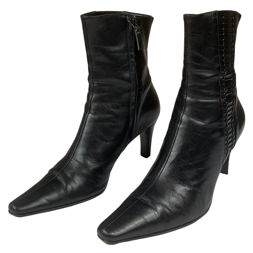 Antonio Melani Black Leather Pointed Toe Stiletto Ankle Boots Womens 8.5M